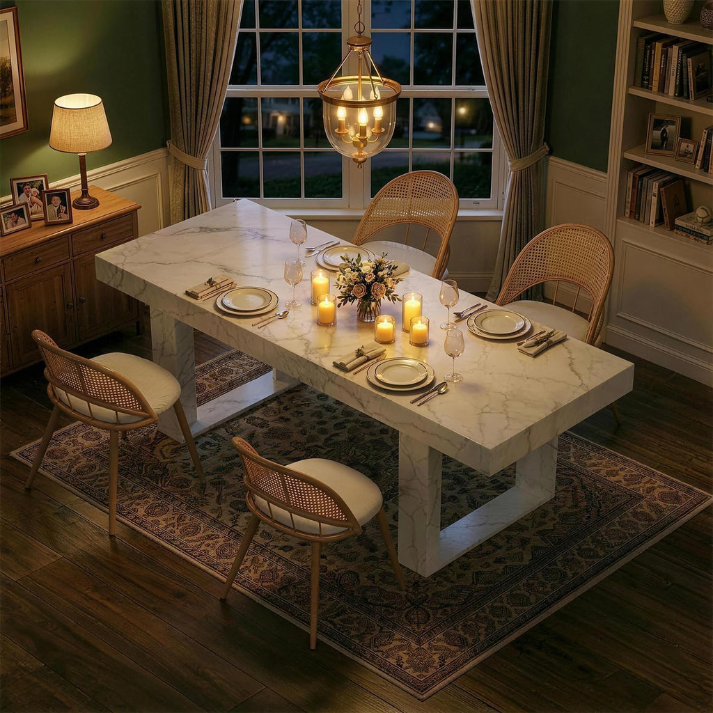 TYBOATLE 71''-87'' Extendable Dining Table Set for 4, Farmhouse Wooden Dining Room Table Set, 5 Piece Dinner Table Set with Upholstered Rattan Dining Chairs (White & White, 71''-87''- 4 Chairs)