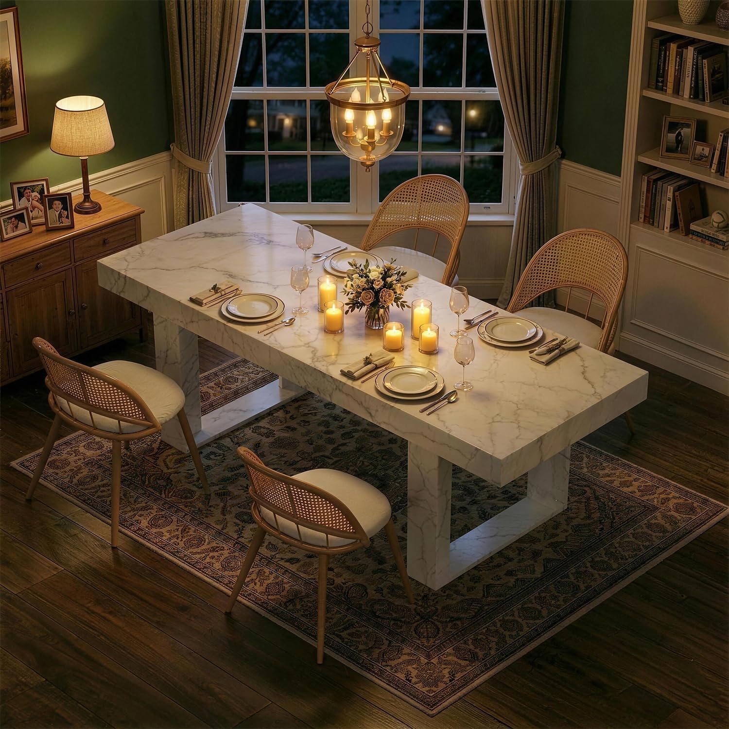 TYBOATLE 71''-87'' Extendable Dining Table Set for 4, Farmhouse Wooden Dining Room Table Set, 5 Piece Dinner Table Set with Upholstered Rattan Dining Chairs (White & White, 71''-87''- 4 Chairs)