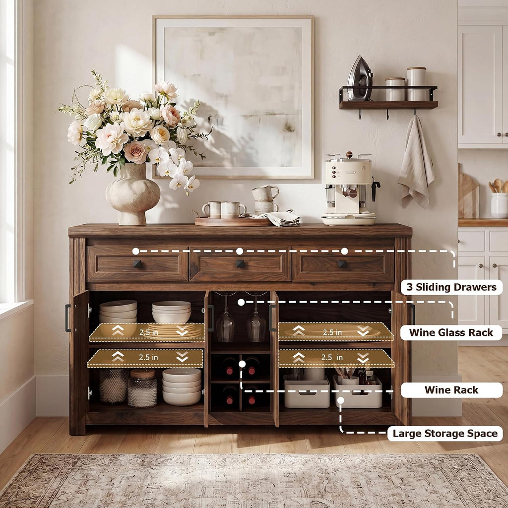 Buffet Sideboard with Storage, 55" Large Kitchen Storage Cabinet with 4 Doors, Wine Rack & Glass Holder, Farmhouse Wood Coffee Bar Buffet Table with Shelves for Kitchen, Dining Room, Walnut