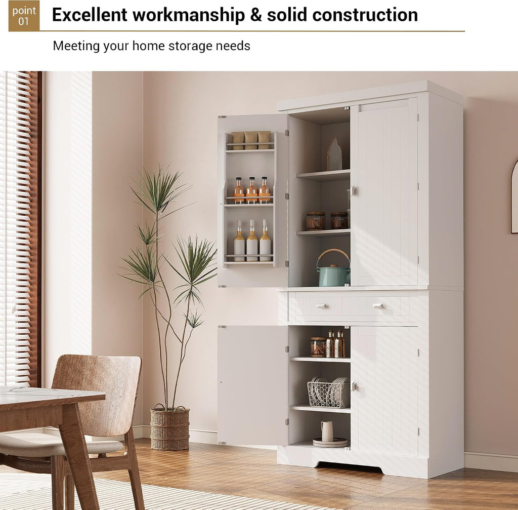 72 Inch Food Pantry Cabinet, Modern White Wood Kitchen Storage Cabinet with Door Shelves & Drawer, Freestanding Cupboard for Dining Room, Living Room, Apartments