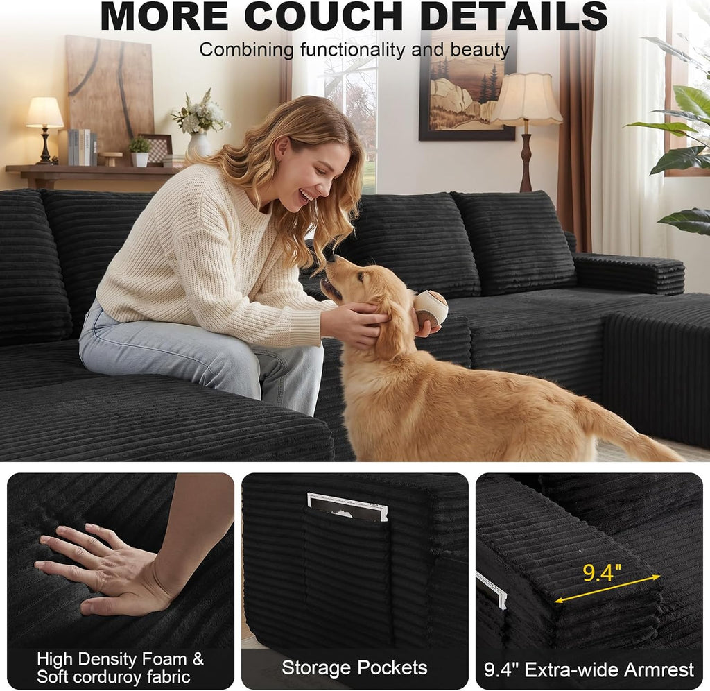 GNIXUU 140.6" Oversized U Shaped Black Boneless Sectional Couches for Living Room, Large Cloud Modular Sofa Set with Storage Console, Cup Holder, Side Pockets, Deep Seat No Assembly Corduroy Couch