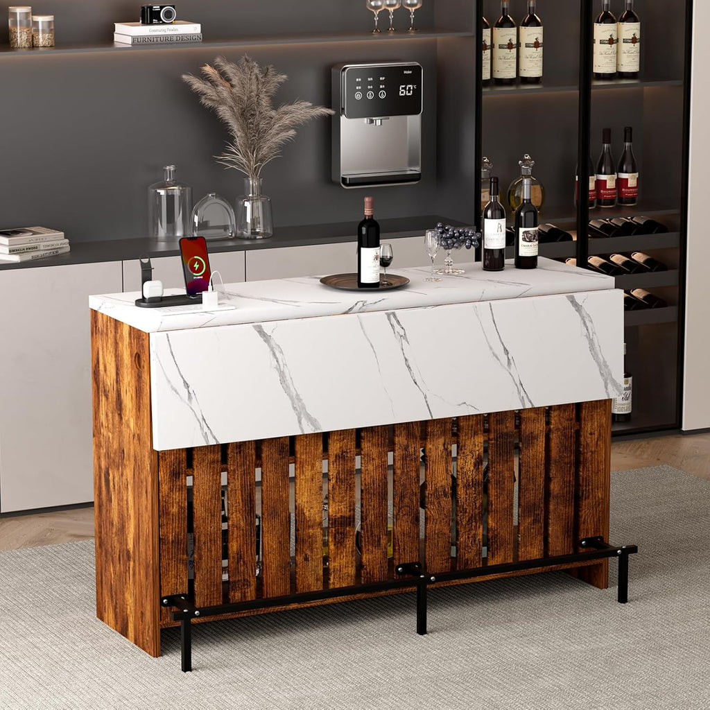 55-Inch Home Bar Unit, 2-Tier Drop Leaf Mini Bar Table with LED Light & Charging Station, Modern Faux Marble Counter Height Pub Table with Footrest for Dining Room, Living Room, Bistro