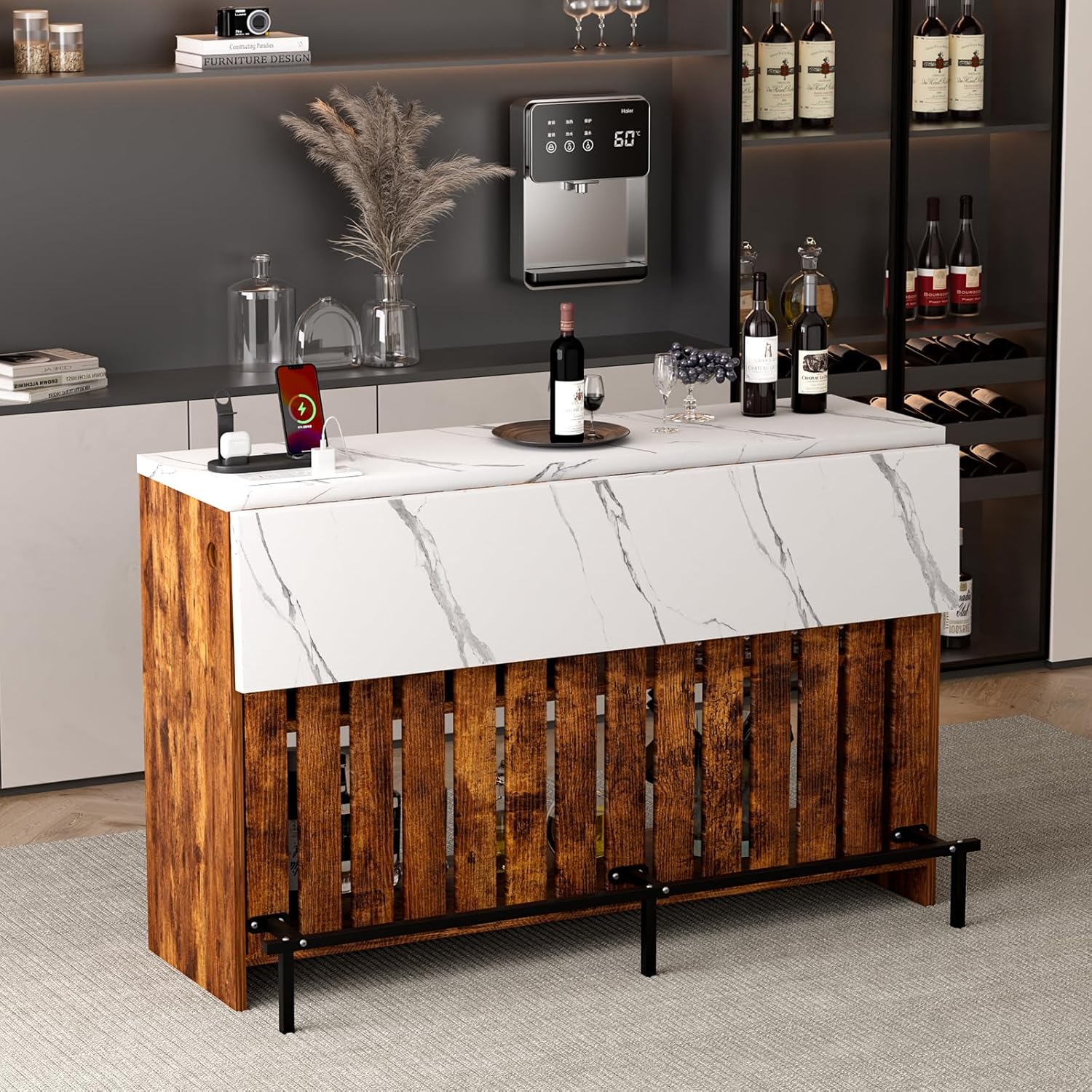 55-Inch Home Bar Unit, 2-Tier Drop Leaf Mini Bar Table with LED Light & Charging Station, Modern Faux Marble Counter Height Pub Table with Footrest for Dining Room, Living Room, Bistro