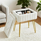 FUXA Vanity Stool Chair with Storage, White Faux Fur Makeup Chair with 4 Metal Legs and Anti-Slip Feet, Soft Padded Seat, Small Footrest Footstool Ottoman, Multifunctional Stool for Bedroom