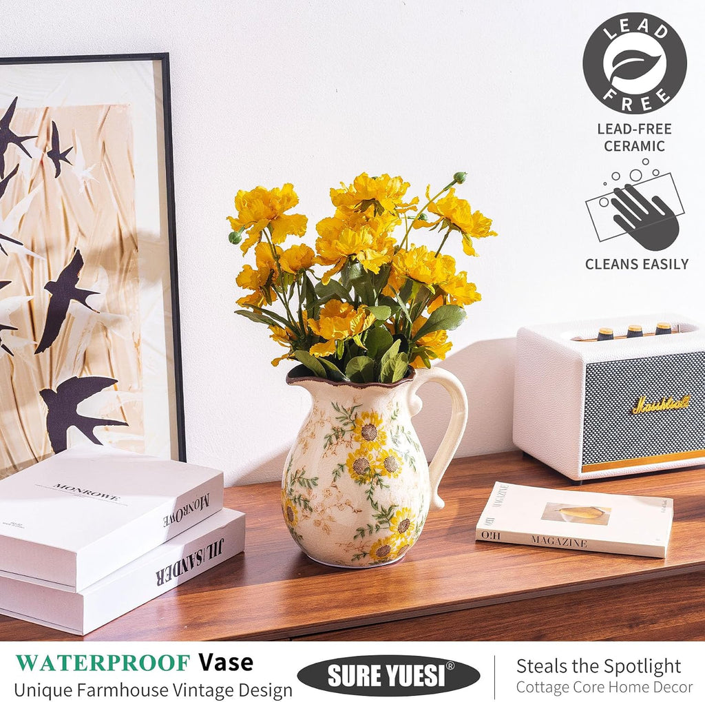 Sunflower Vintage Ceramic Yellow Floral Pitcher Vase with Handle 7.9”, Rustic Farmhouse Chinoiserie Vase, Grandmillennial Decor for Living Room, Bookshelf, Mantel Decor, Mom Gift