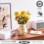 Sunflower Vintage Ceramic Yellow Floral Pitcher Vase with Handle 7.9”, Rustic Farmhouse Chinoiserie Vase, Grandmillennial Decor for Living Room, Bookshelf, Mantel Decor, Mom Gift