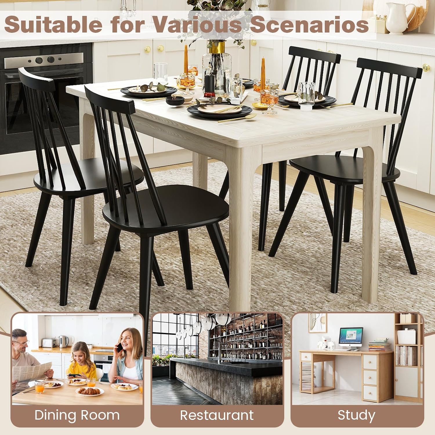 GOFLAME Windsor Dining Chairs Set of 2, Farmhouse Kitchen Chairs with Rubber Wood Frame, Slat Spindle Back, Armless Side Chairs for Dining Room, Living Room, Restaurant