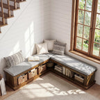 Tribesigns L-Shaped Storage Bench with Cushion, 63" Farmhouse Wooden Corner Entryway Shoe Bench with Open Shelves, L-Shaped Kitchen Nook Seating for Living Room, Hallway, Rustic Brown & Beige