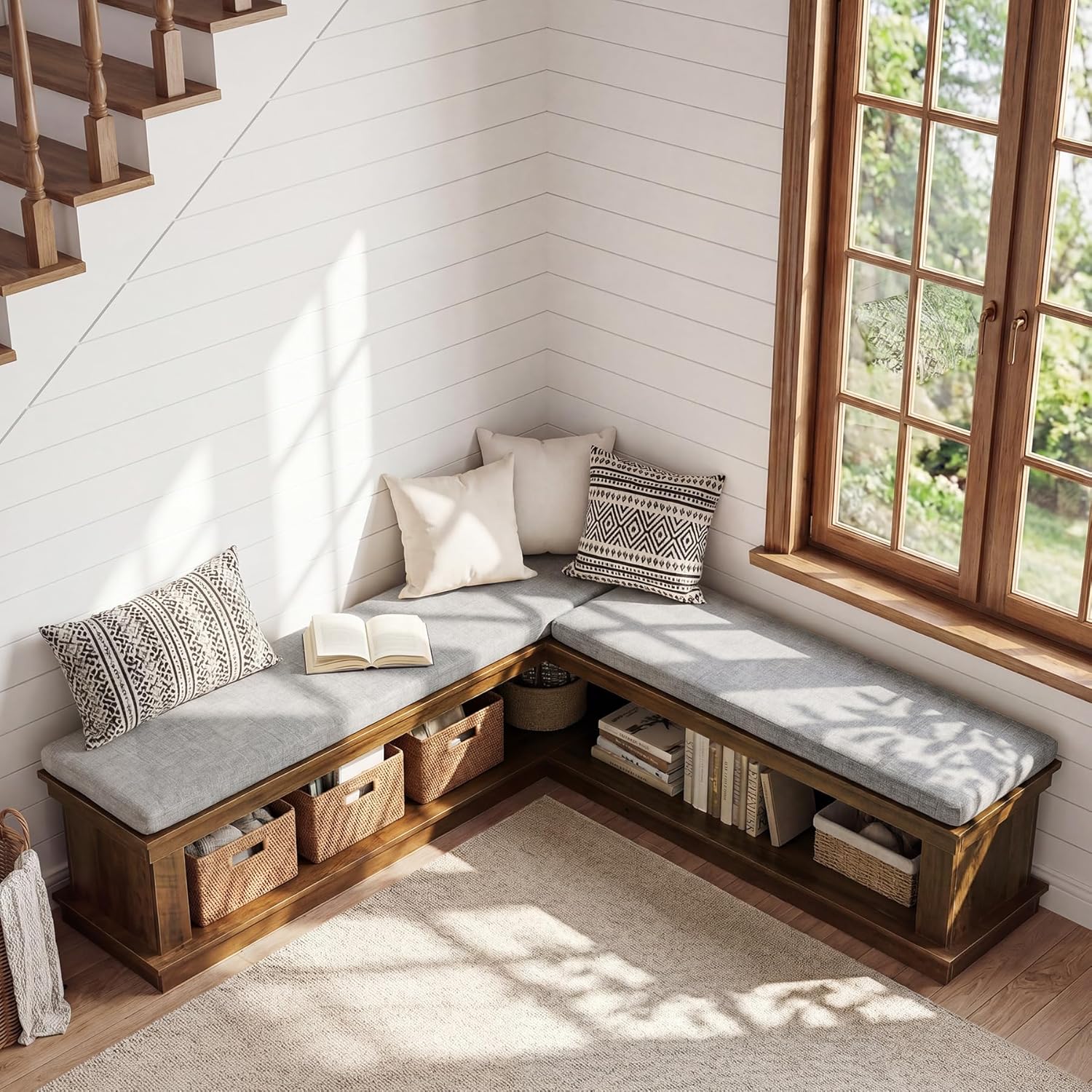 Tribesigns L-Shaped Storage Bench with Cushion, 63" Farmhouse Wooden Corner Entryway Shoe Bench with Open Shelves, L-Shaped Kitchen Nook Seating for Living Room, Hallway, Rustic Brown & Beige