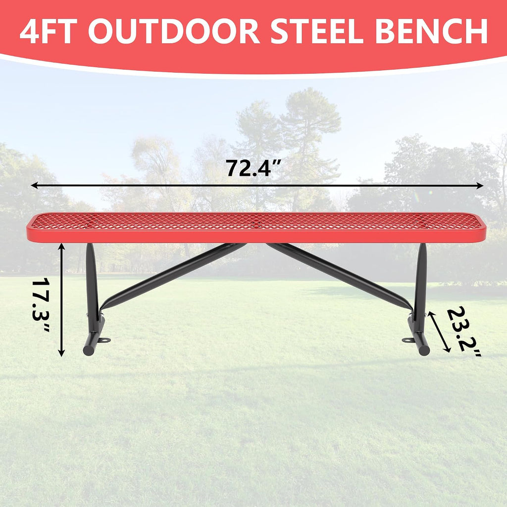 Outdoor Garden Benches, 6 ft Steel Picnic Bench Porch Chair Furniture Patio Seating, Commercial Expanded Metal Mesh Bench for Outside, Lawn, Backyard, Park, Deck, Garden, Patio, School (Red, 6FT)