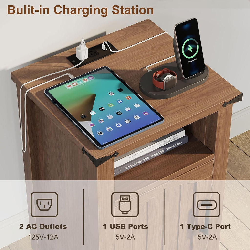 Farmhouse Nightstand with Charging Station, End Table with USB/Type-C Ports and Power Outlets, Rustic Bedside Table with Large Storage and Open Shelf, Modern Side Table for Bedroom, Walnut
