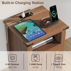 Farmhouse Nightstand with Charging Station, End Table with USB/Type-C Ports and Power Outlets, Rustic Bedside Table with Large Storage and Open Shelf, Modern Side Table for Bedroom, Walnut