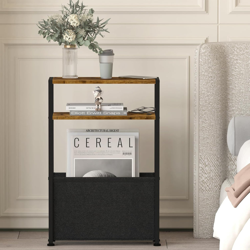 Leomonio Narrow Side Table, Slim End Tables with Fabric Basket, Skinny Table for Small Spaces, Thin Bedside Table for Living Room, Bedroom