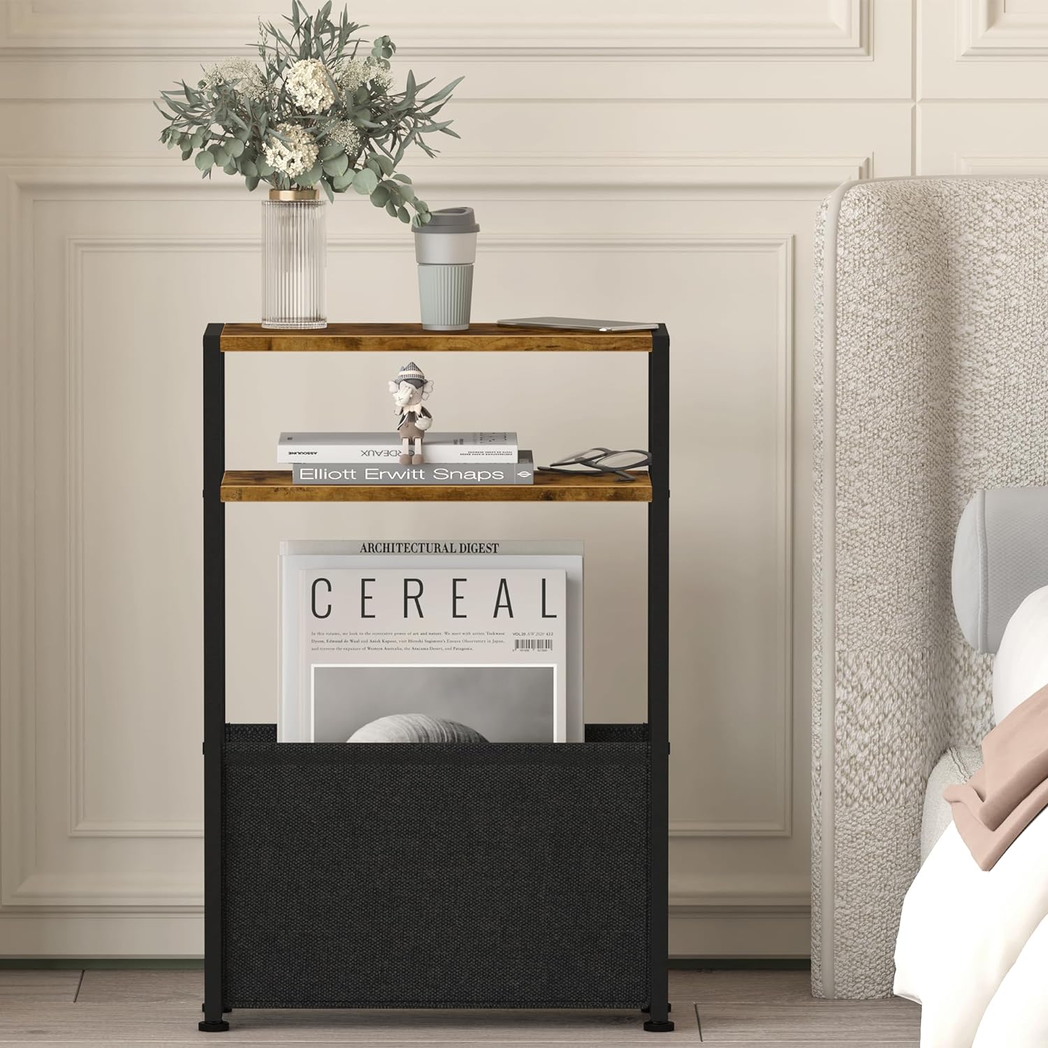 Leomonio Narrow Side Table, Slim End Tables with Fabric Basket, Skinny Table for Small Spaces, Thin Bedside Table for Living Room, Bedroom