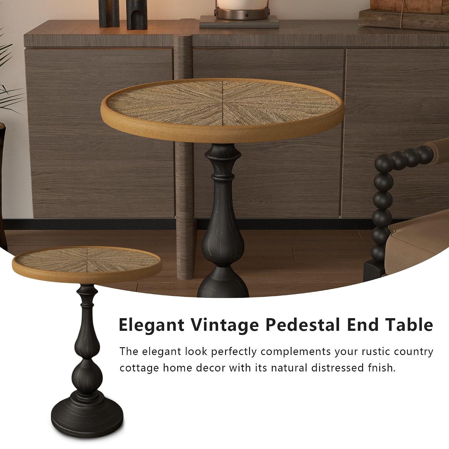 Round Retro Side Table for Drink Coffee Modern Accent Lightweight Vintage End Table with Metal Leg for Small Space Living Room Bedroom Corners Office, Natural