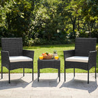 DUMOS 3-Piece Patio Furniture Set, All-Weather Outdoor Wicker Chairs with Removable Cushions & Tempered Glass Table, Small Bistro Set for Porch, Balcony, Lawn, Backyard, Black