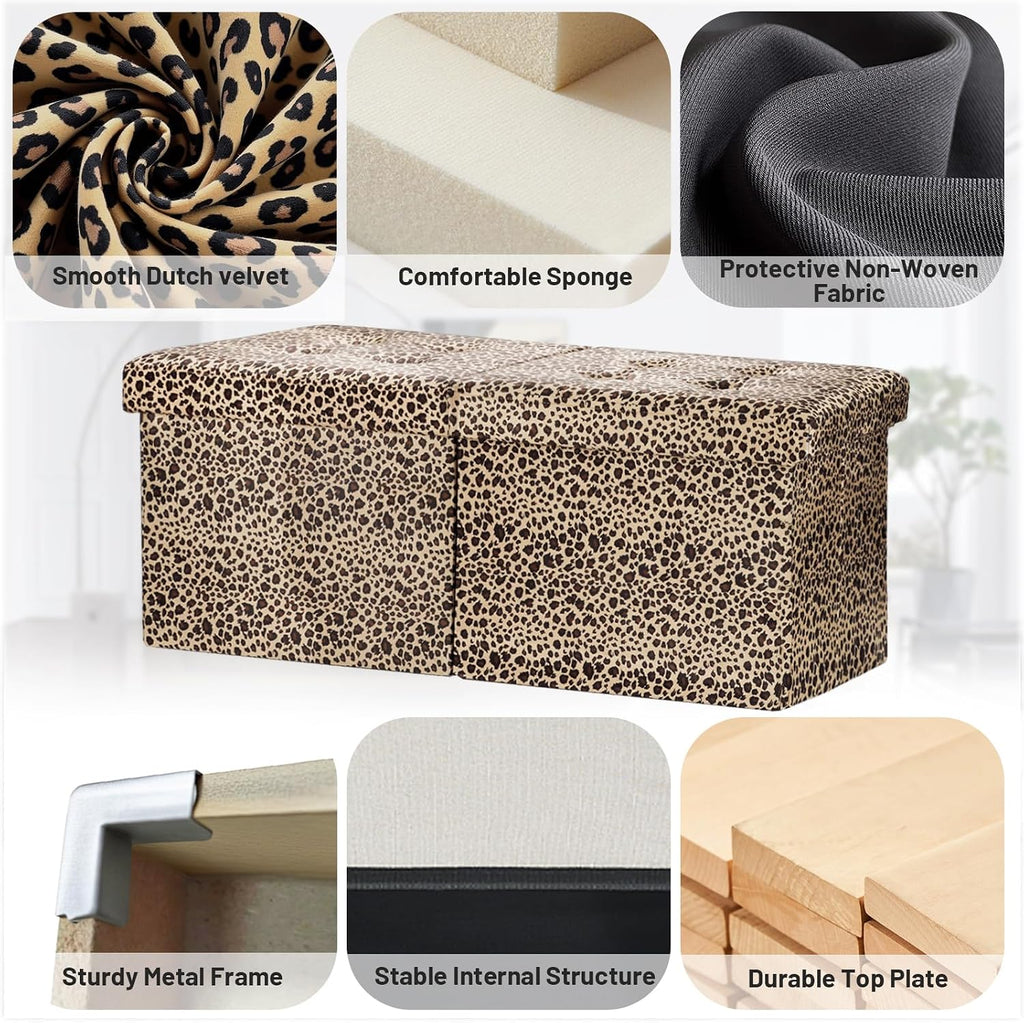 Bsketa Storage Ottoman Bench with Folding Lid Ⅲ, Foot Stools Opens on Both Ends, Footrest Foldable Velvet Chest for Living Room, Bedroom, Entryway, End of Bed Storage Blanket Ottomans Leopard Print