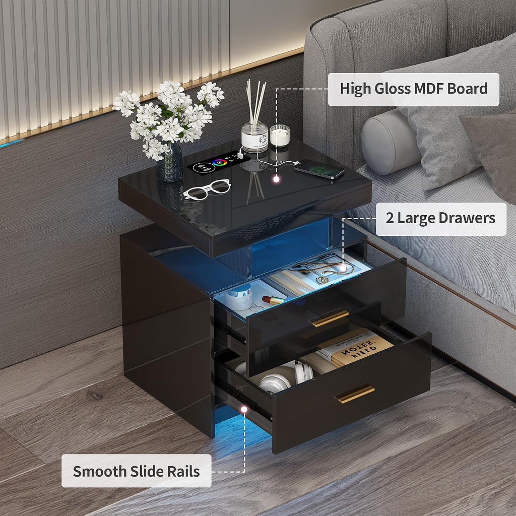 Lvifur Smart Nightstand with RGB Lights & Wireless Charging Station - Black | Motion Sensor, Dynamic & Static Lights, Adjustable Brightness, USB & Type-C Charging, Drawers with Metal Rail, 3 Compartments