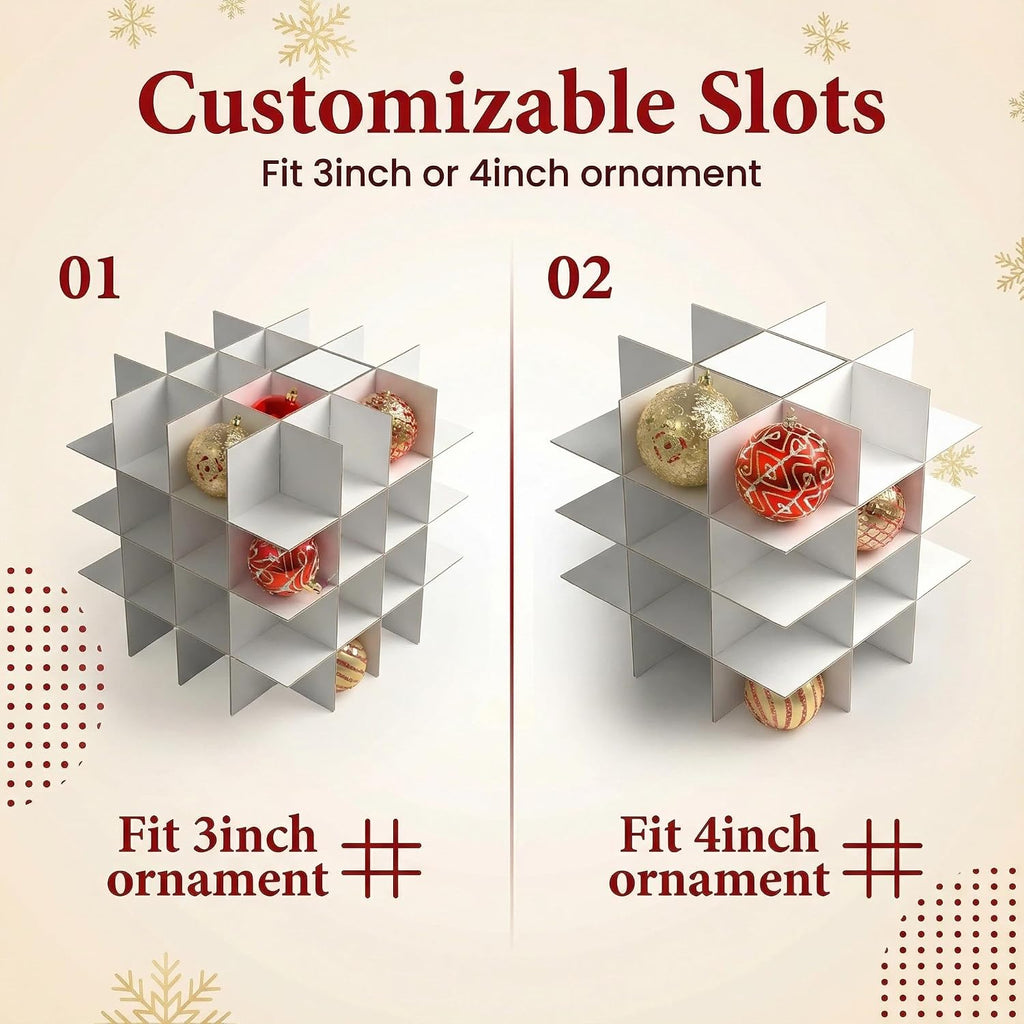 Christmas Ornament Organizer and Storage Box - Tear-Proof Non-Woven Container with 3-Inch Cube Compartments and Dual Zippers - Holds 64 Ornaments - Red