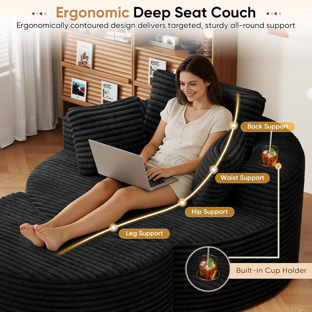 Oversized Round Chaise Longue Chair with Ottoman, Modern Corduroy Deep Seat Circle Single Cloud Boneless Floor Accent Chair w/Cup Holders for Living Room, Bedroom Apartment, 55" W * 74.6" D, Black