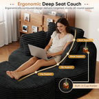 Oversized Round Chaise Longue Chair with Ottoman, Modern Corduroy Deep Seat Circle Single Cloud Boneless Floor Accent Chair w/Cup Holders for Living Room, Bedroom Apartment, 55" W * 74.6" D, Black
