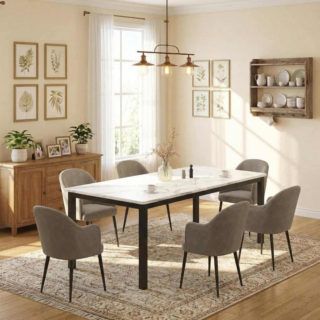 IDEALHOUSE Industrial Dining Table for 6-8 – Modern Rectangular Wooden Table with Sturdy Metal Legs, Rounded Corners, Large Conference or Writing Desk – White Faux Marble – Gray Color – Size: 1.8m x 0