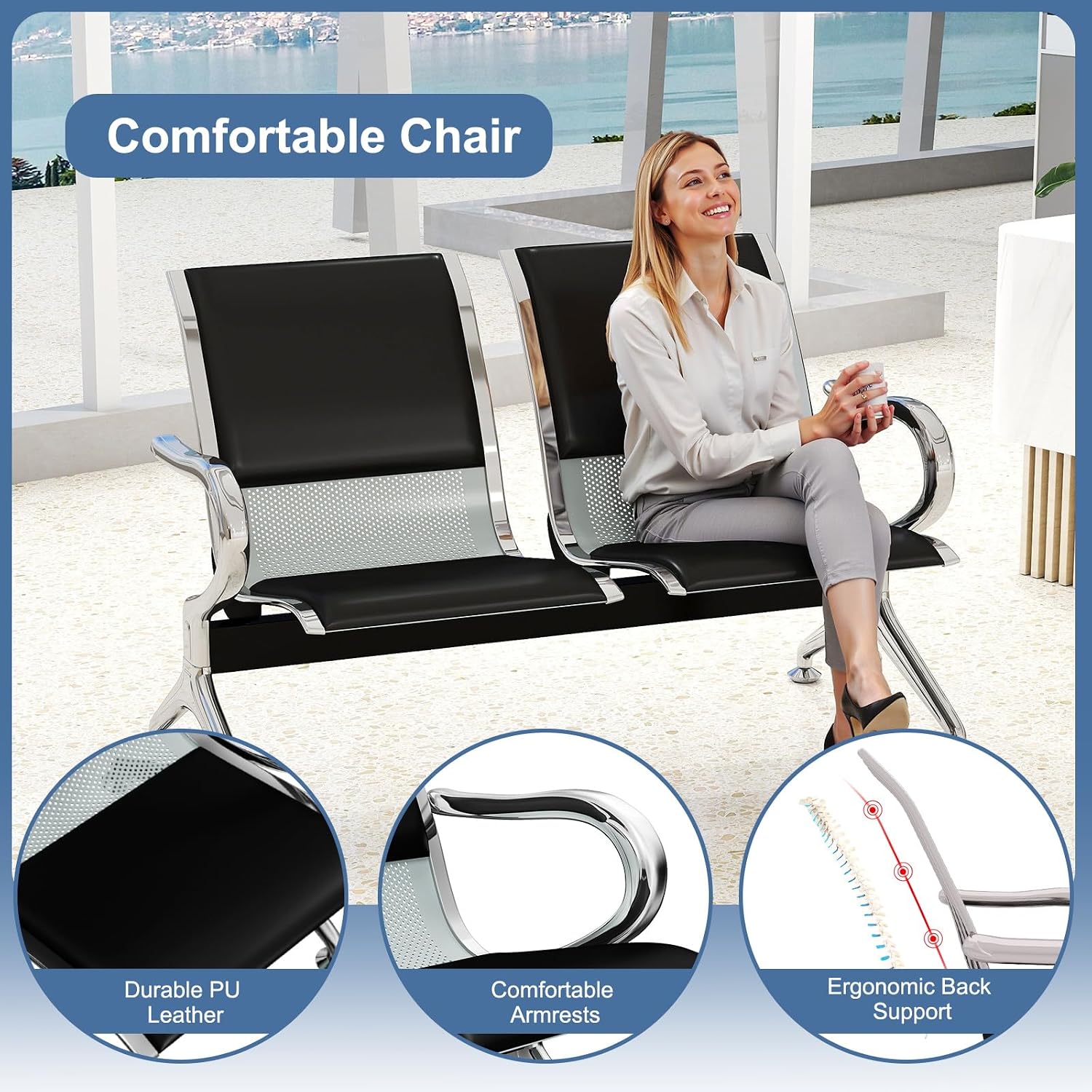 kinbor 2-Seat Waiting Room Chairs with Arms - Set of 3 Modern PU Leather Reception Bench for Airport, Hospital, Office Lobby - Breathable Mesh & Durable Steel Waiting Area Furniture (Black)