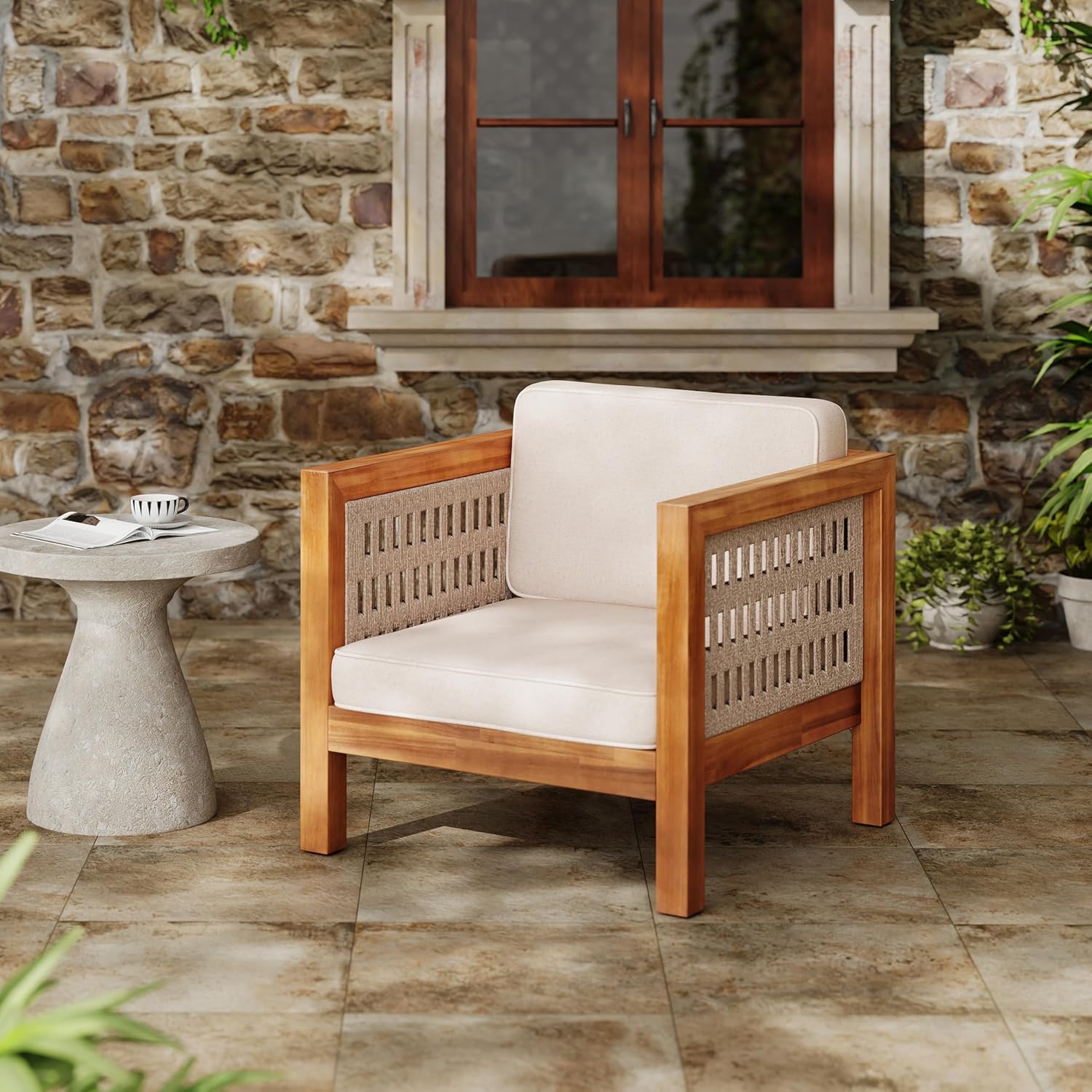Outdoor Club Chair Set of 2 — Acacia Wood Frame, Wicker Armrests & Beige Cushions, 400 lbs Capacity, for Patio Garden Backyard
