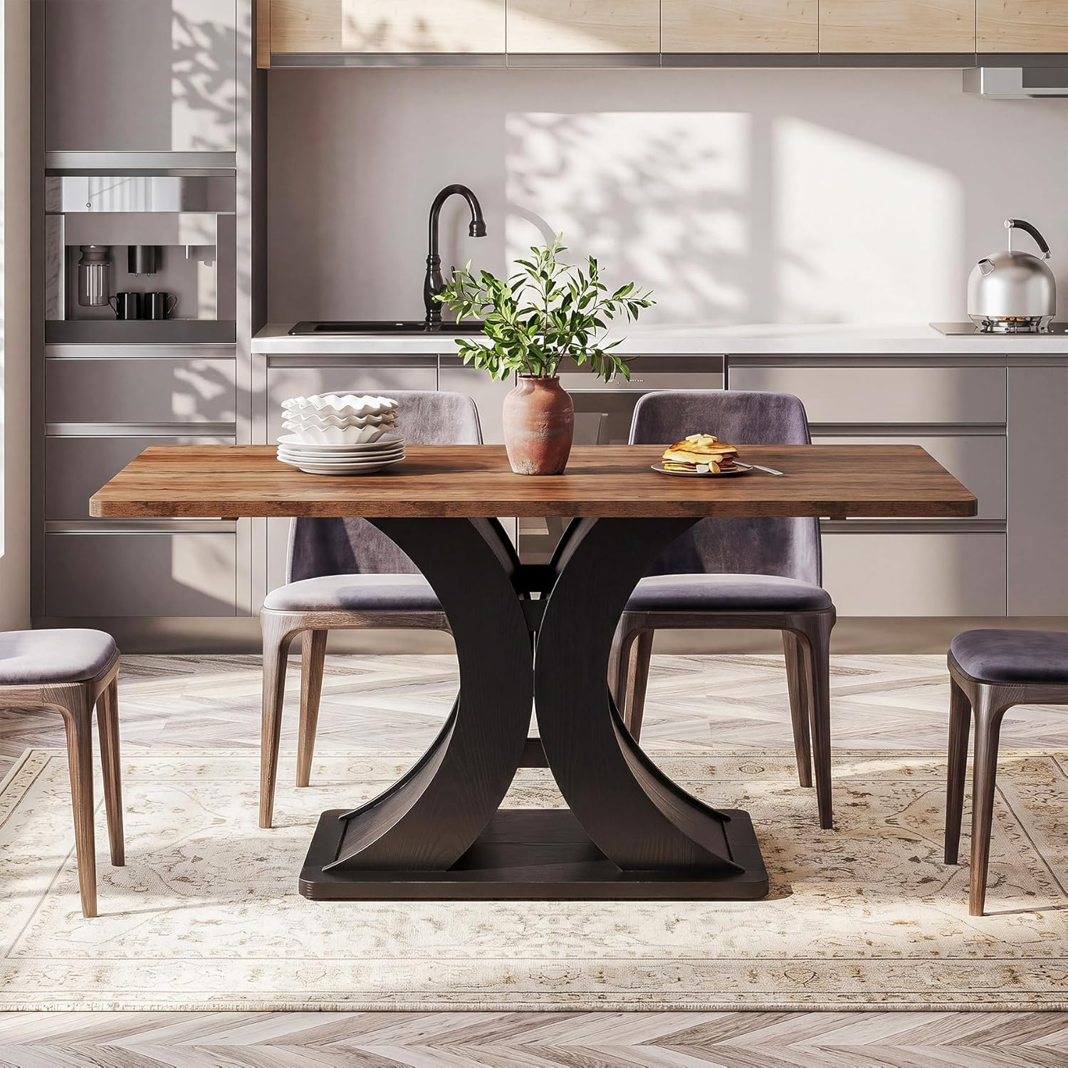 Tribesigns 55-Inch Dining Table for 4-6, Farmhouse Kitchen Dinner Table with Heavy Duty Pedestal, Rectangle Wooden Eating Table for Dining Room, Kitchen, Black & Brown