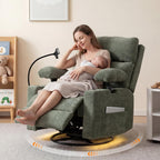 FiveWillowise Power Rocking Chair Nursery with Adjustable Arms&Headrest | Glider Recliner Chair, Swivel Reading Chair with Electric Lumbar Support, Cup Holder, Nightlight and USB Ports,Green
