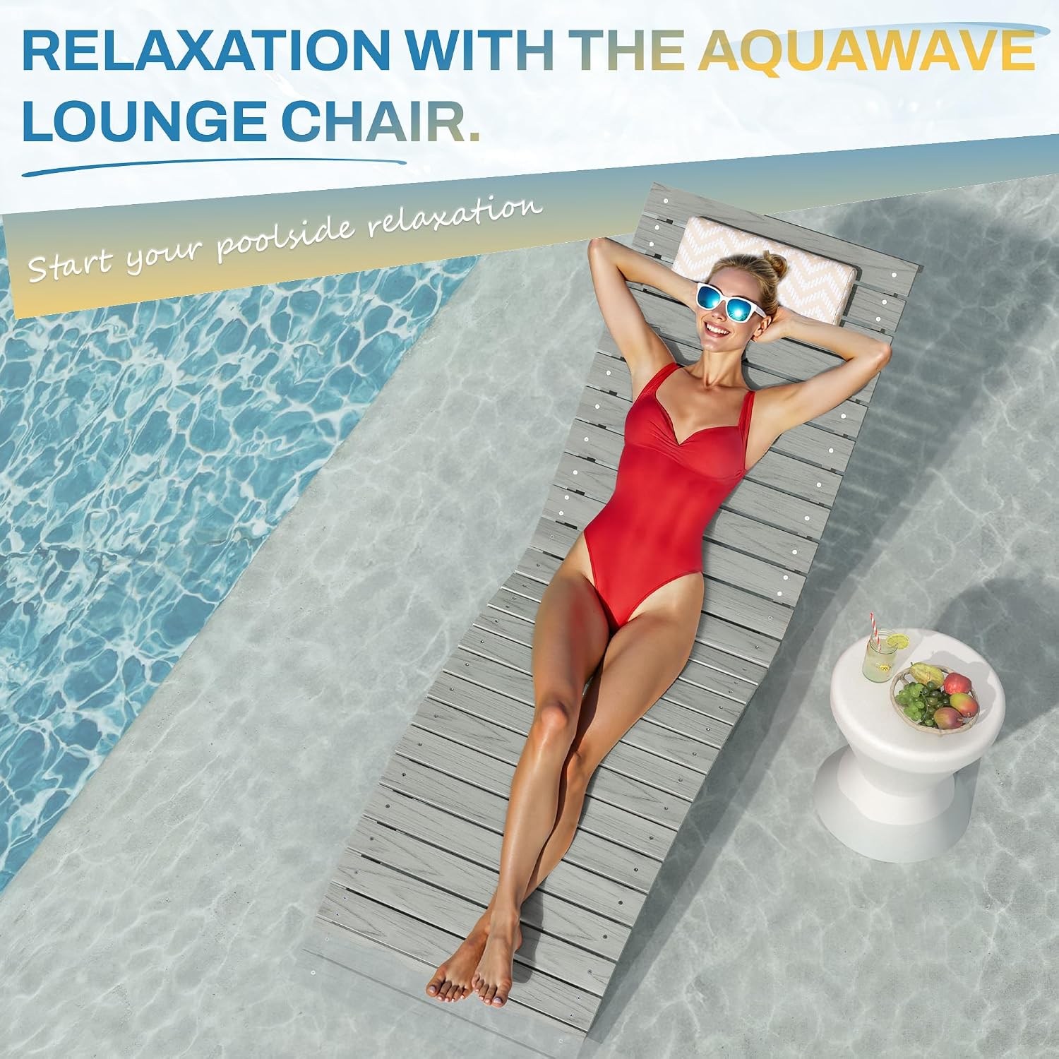 Pool Lounge Chairs Outdoor Set of 2，Aquawave Lounge Chair, HDPS Long Pool Chairs for in Pools, Weighted All Weather Tanning Chair with Headrest for Outside Beach Patio Sun Bathing Hotel, Gray