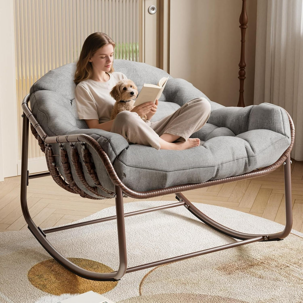Oversized Papasan Rocking Lounge Chair with Neck Pillow, Hand Woven Rattan Rocker, Heavy Duty Metal Frame Supports 400LBS, Indoor Outdoor Porch Patio Living Room Chair,Gray