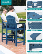 SERWALL Tall Adirondack Chairs Set of 2 with Double Layer Connecting Tray, HDPE Bar Height Outdoor Chairs, Wood-Like Adirondack Bar Stools for Patio, Balcony, Porch, Blue