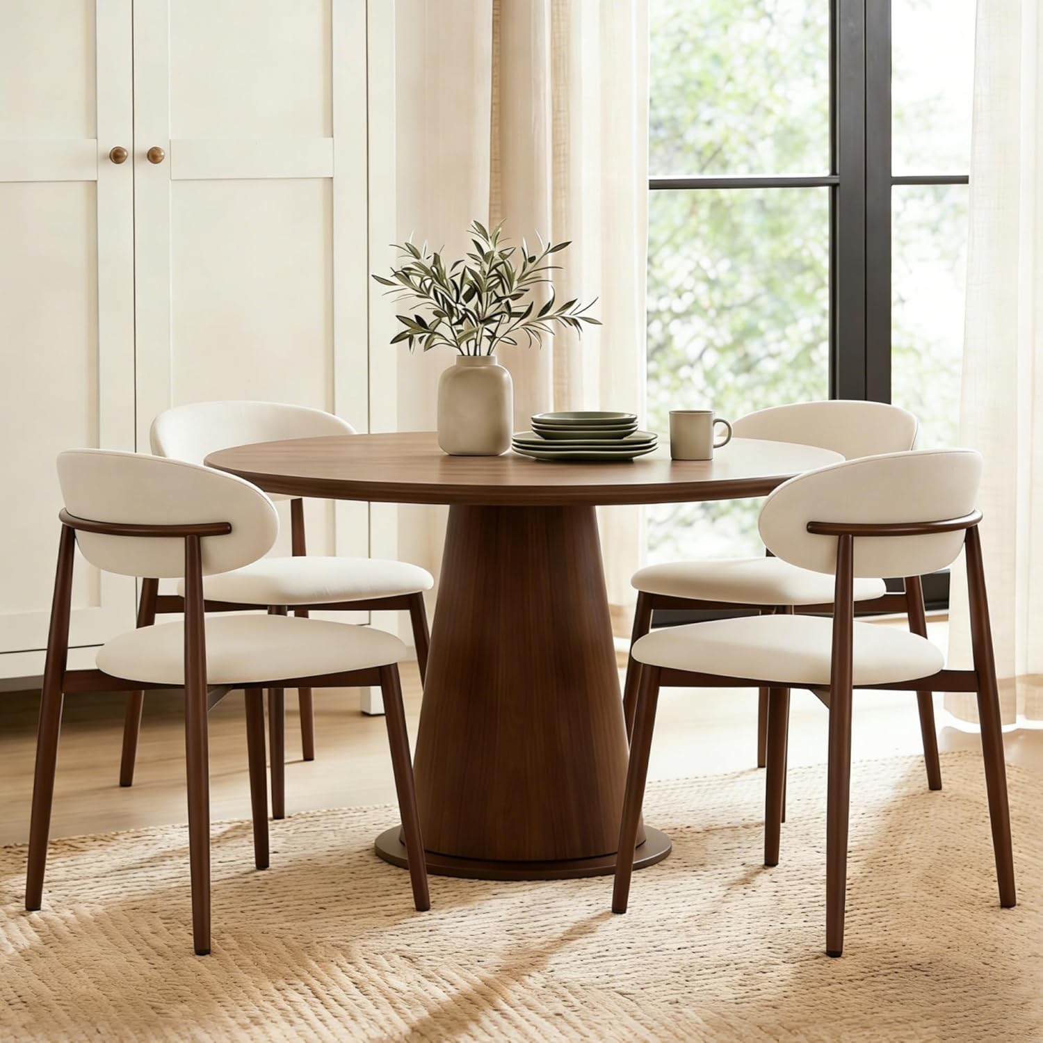 AQO Dining Chairs Set of 4, Modern Dining Room Chairs Kitchen Chairs with Metal Legs, Farmhouse Fabric Dinner Chair for Kitchen Dining Room, Beige/Walnut-Grain Metal Legs