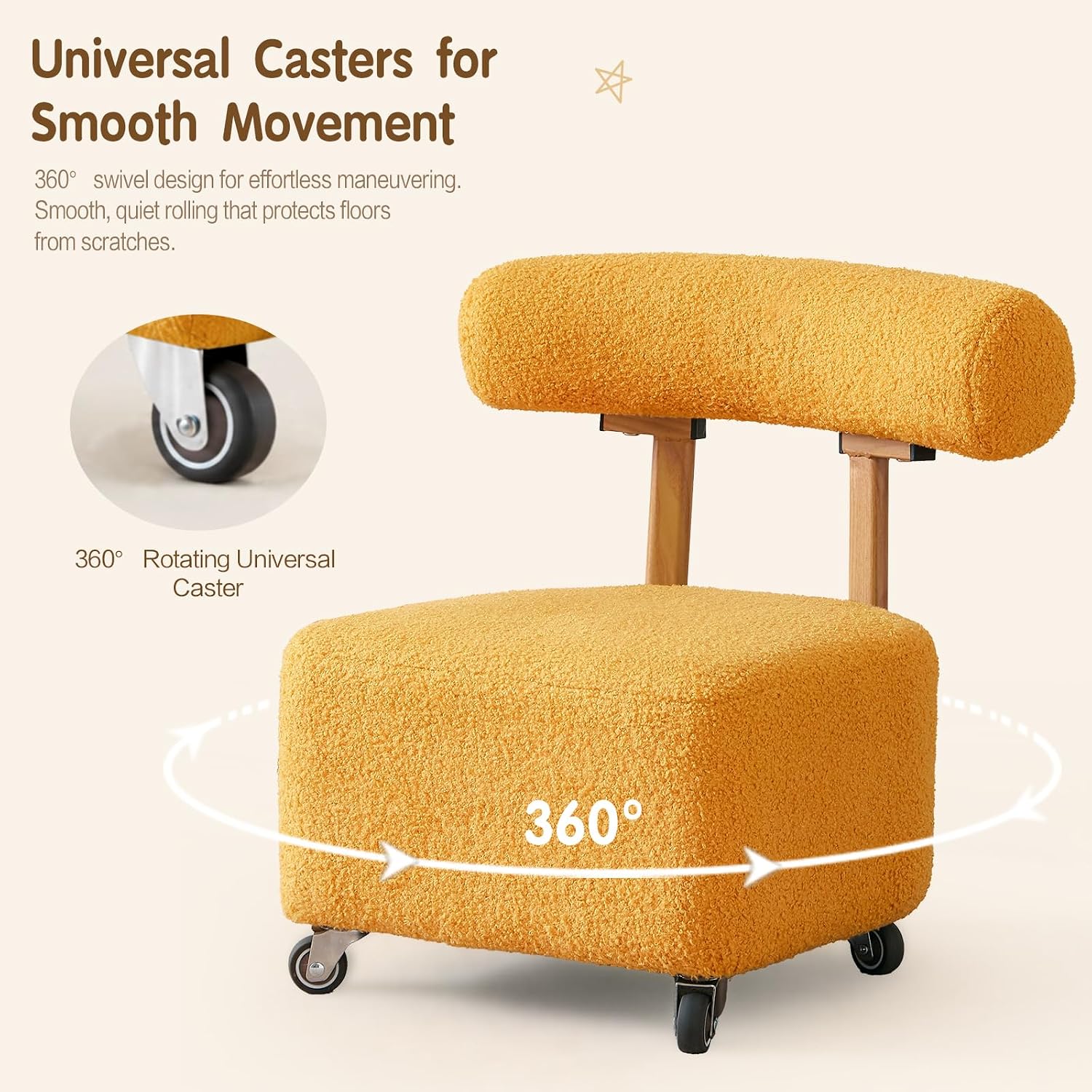 Toddler Rolling Chair with Backrest, Yellow | 230lbs Heavy Duty, Boucle Low Rolling Stool, Cute Sensory Furry Small Chair, 3-8 Years Old