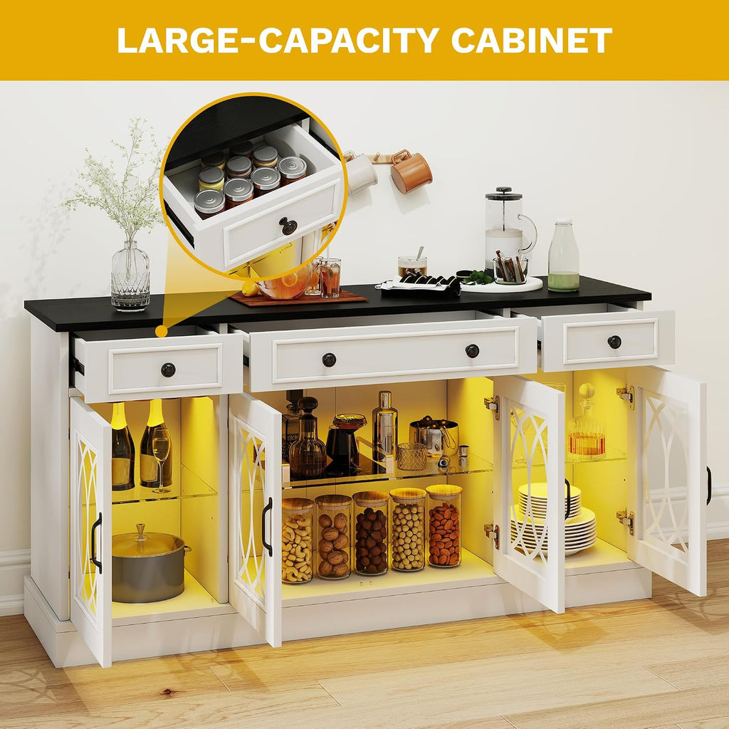 DWVO 65" Buffet Cabinet with 4 Glass Doors Storage, Sideboard Cabinet with 3 Drawers, Coffee Bar with Adjustable Shelves for Kitchen, Living Room, White