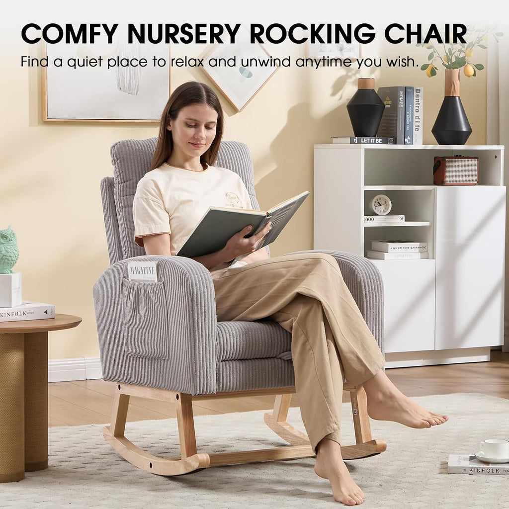 Nursing Rocking Chair, Nursery Glider with Footrest (Grey Retro) | Corduroy Upholstered Accent Rocking Armchair with High Back & Side Pockets for Living Room Bedroom Office Nursery