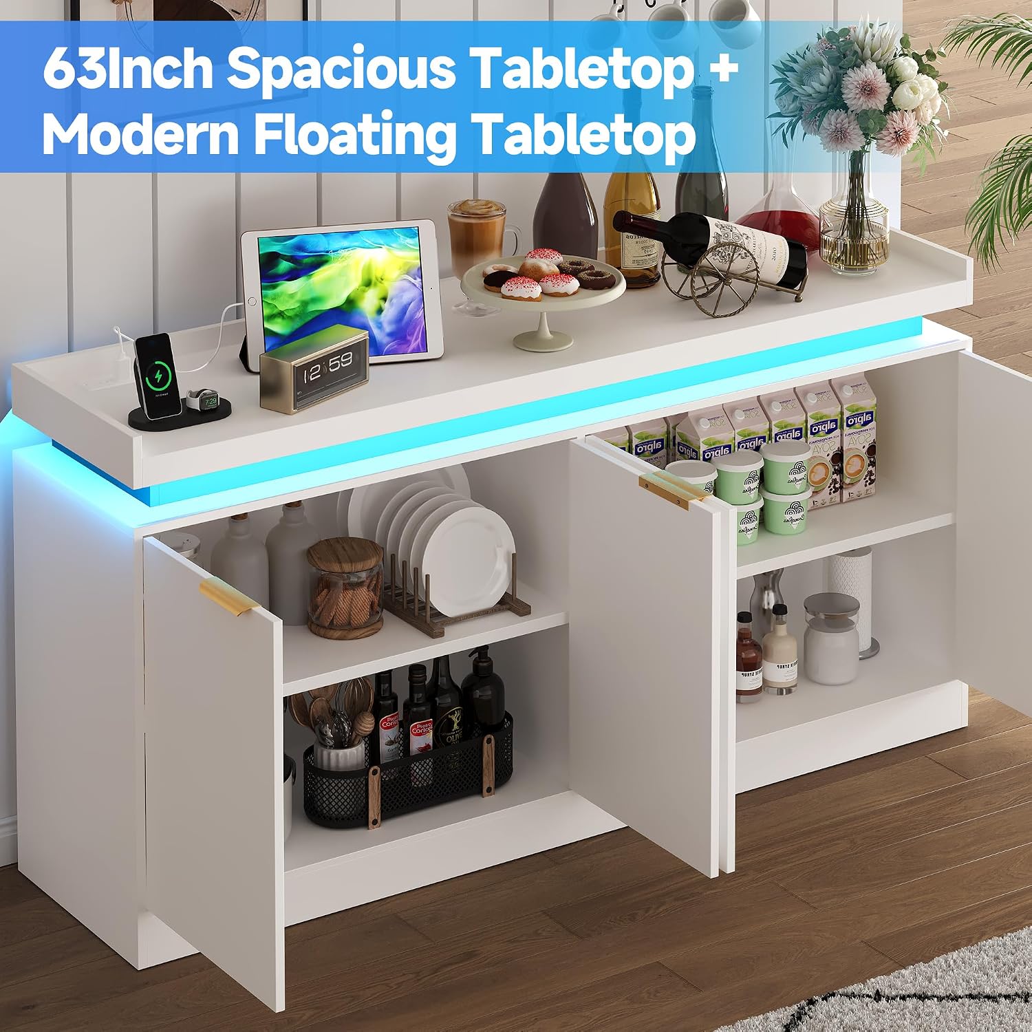 knoworld LED Sideboard Buffet Cabinet with Storage, 63'' Large Kitchen Buffet Cabinet Storage Cabinets with 4 Doors, Wood Coffee Bar Cabinets Buffet Table for Kitchen, Dining, White
