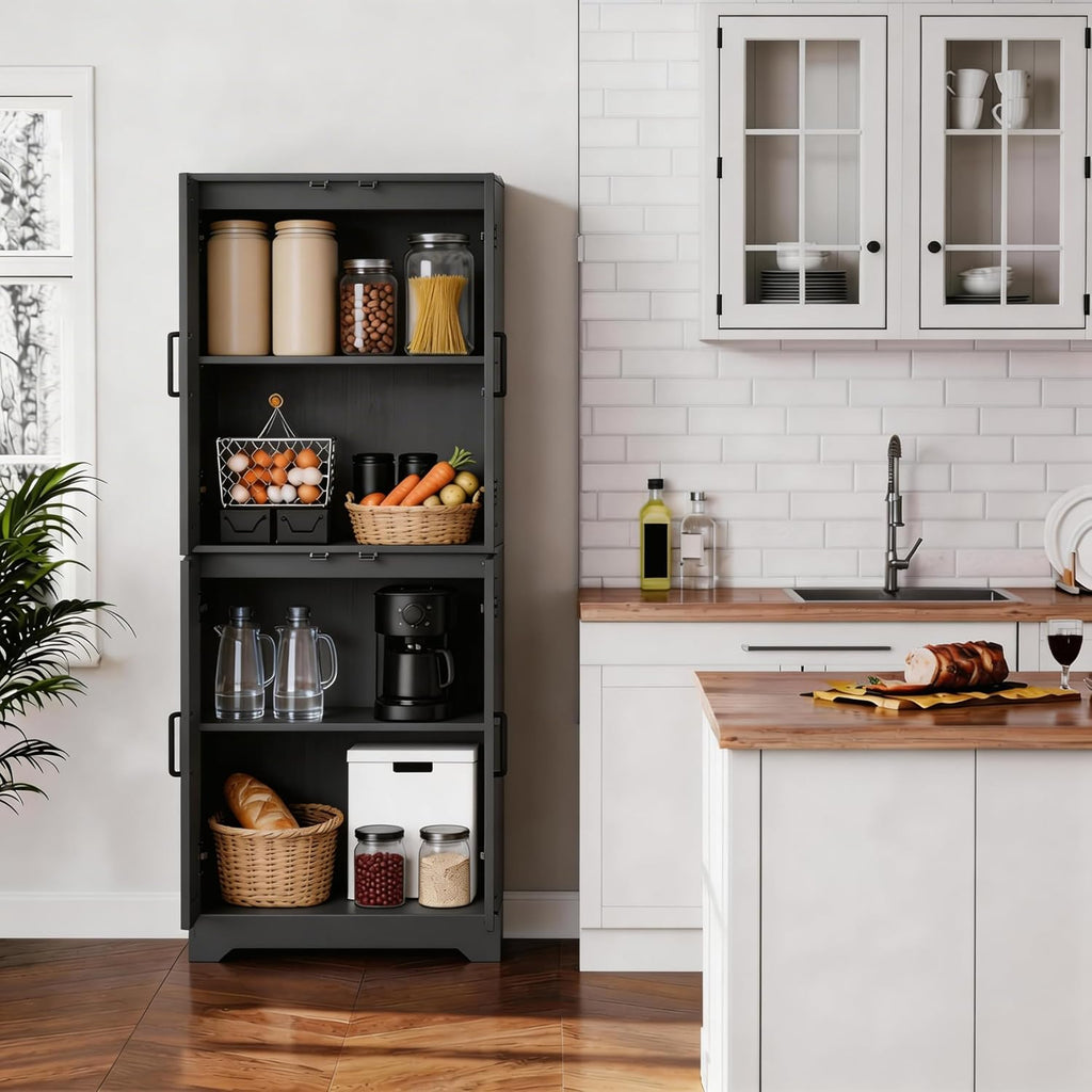 Farmhouse Pantry Cabinet, 71" Tall Wood Kitchen Storage Cabinet with 4 Doors & Adjustable Shelves, Large Freestanding Food Pantry Cupboard with Anti-Tip Kit for Kitchen, Dining Room, Living Room