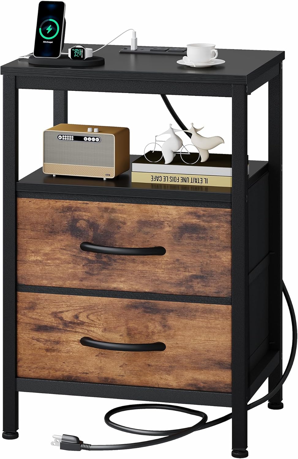 OLIXIS Nightstand with Charging Station, Bedside Table with USB Ports & Type-C, 2 Fabric Drawers Night Stand with Open Shelf, Compact End Table for Bedroom, Black & Rust
