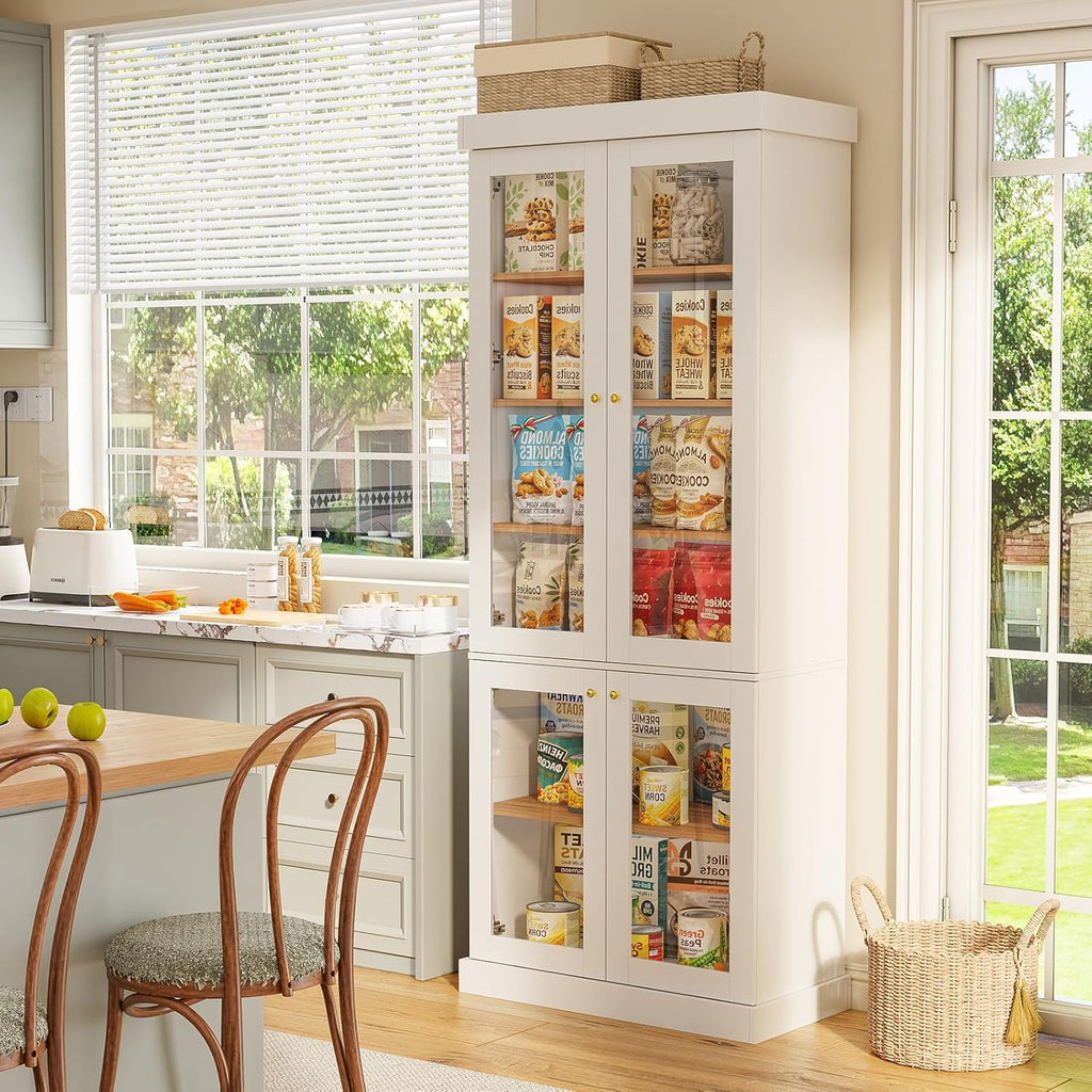 ivaniti 70.8" Tall Farmhouse Kitchen Pantry Cabinet with Glass Doors, Modular Storage Cabinet with 6-Tier Adjustable Shelves, White, Wooden Hutch for Kitchen, Living Room, Set of 2