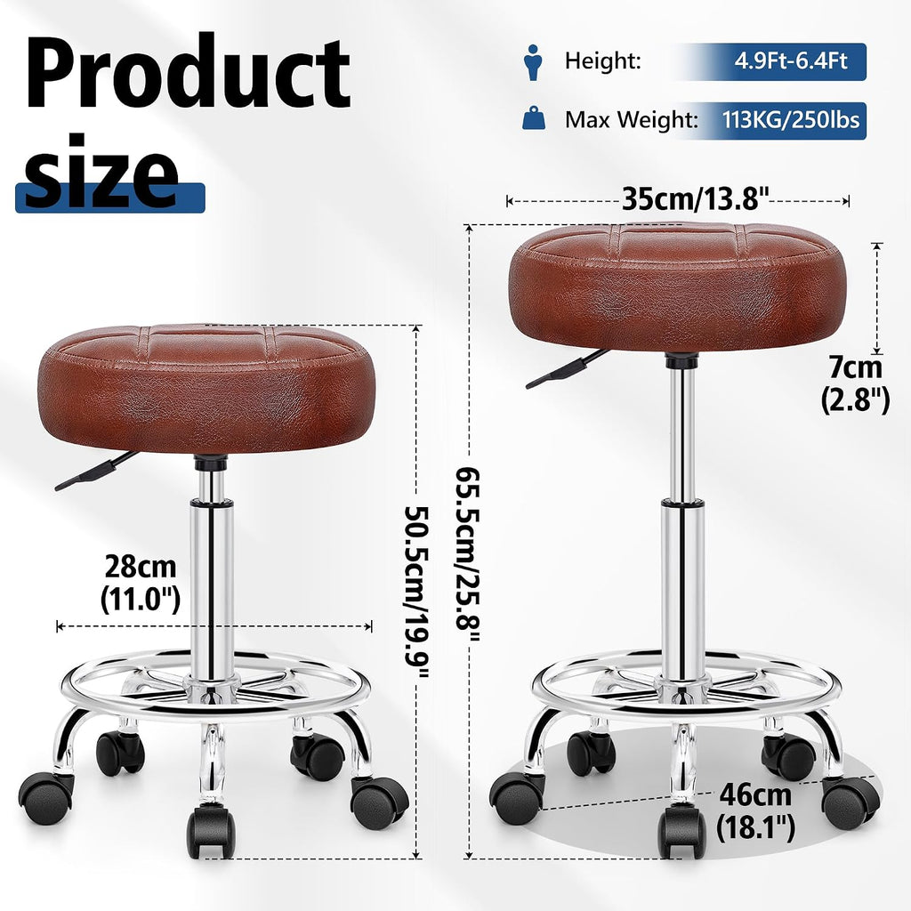 Brick Attic PU Leather Rolling Stool with Wheels, Adjustable Swivel Stool with Footrest, 360° Rolling Stool for Tattoo, Salon, Massage, Medical, Office, Home Kitchen, Vintage Rust