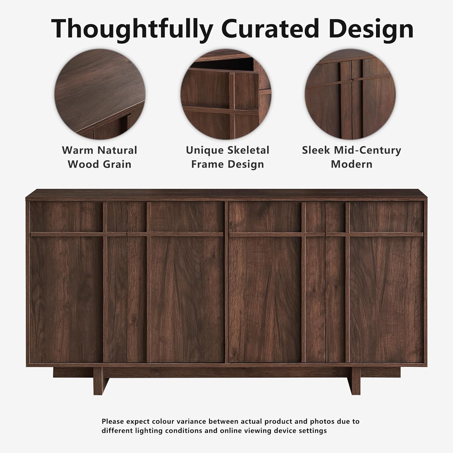 Sideboard Buffet Cabinet with Storage, Mid Century Modern Accent Cabinet with Skeleton Line & Wood Grain Texture,Minimalist Geometric Credenza for Living Room, Kitchen and Entryway, Walnut