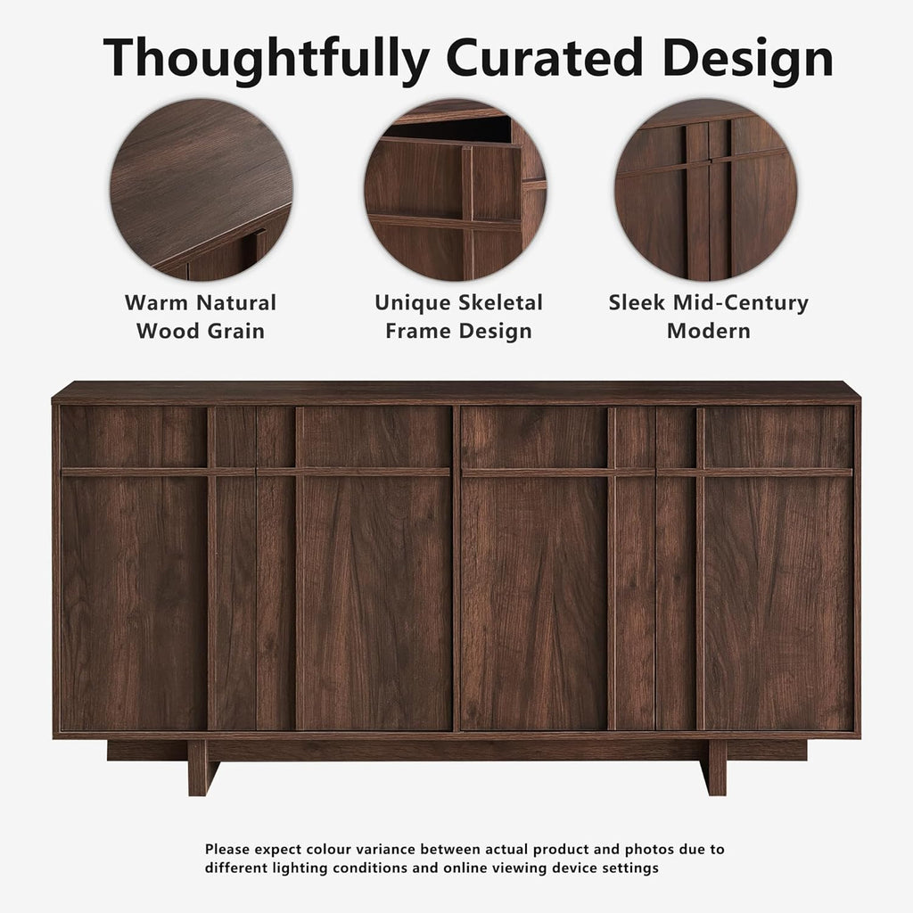 Sideboard Buffet Cabinet with Storage, Mid Century Modern Accent Cabinet with Skeleton Line & Wood Grain Texture,Minimalist Geometric Credenza for Living Room, Kitchen and Entryway, Walnut