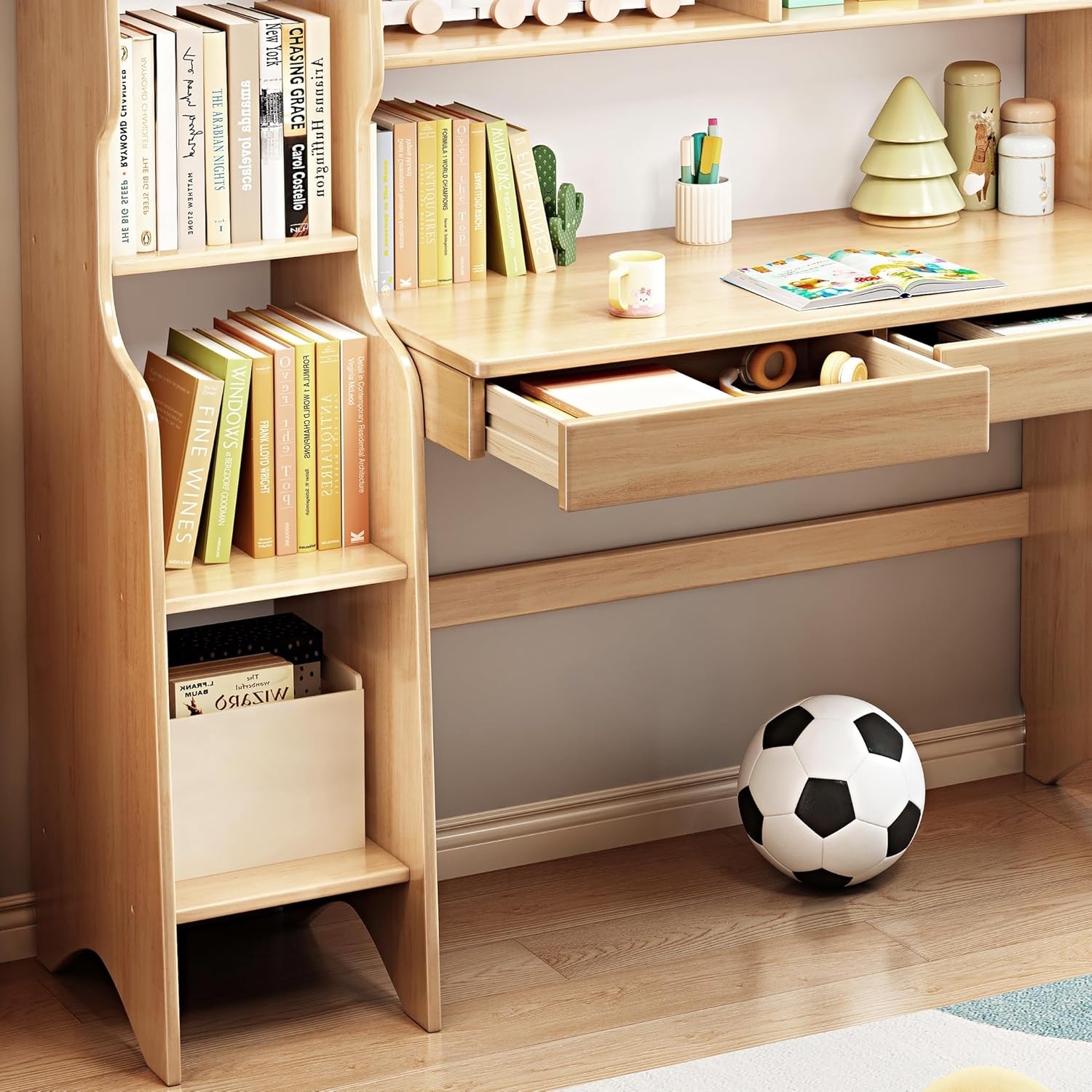 Kids Desk＆Table with Shelves and Drawers Wooden Kids Media Desk Student Learning Computer Workstation and Writing Desk (Natural)