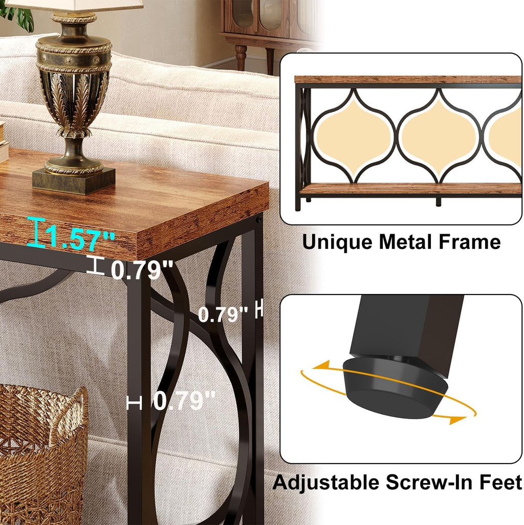 IBF 63 Inches Long Farmhouse Entryway Table, Rustic Wood Metal Sofa Console Table with Storage Shelves, Narrow Industrial Behind Couch Entry Hallway Table for Home Living Room, Rustic Brown Oak