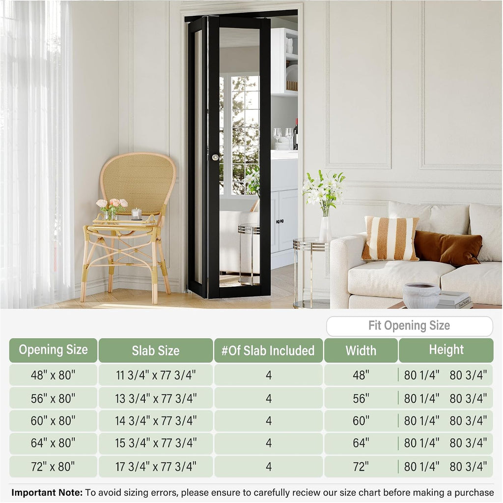 Bifold Doors 48" x 80" Opening, Mirrored Bifold Closet Door with Hardware Kit, Interior Bi Fold Door for Closet/Pantry/Laundry, Folding Barn Doors Panels, Easy to Install, Black