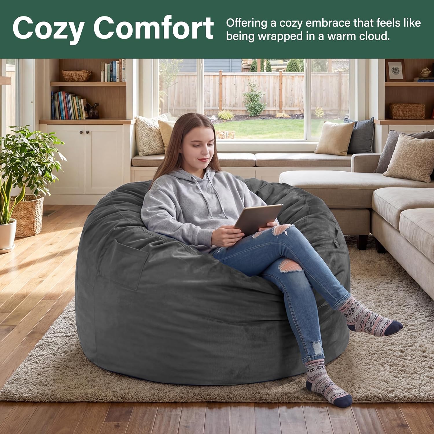 fond + found 3FT Bean Bag Chair for Adults - Giant Memory Foam Bean Bag with Removable Washable Cover, Large Comfy Bean Bag Chair with Handle & Side Pocket for Living Room, Bedroom, Gaming