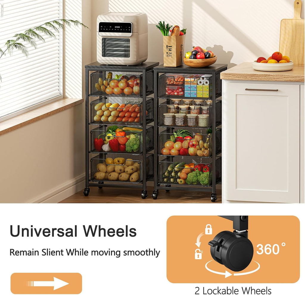 4-Tier Fruit Vegetable Storage Cart - Kitchen Organizer and Storage Cart with Wheels, Wooden Top Metal Wire Fruit Vegetable Rack Stand with Drawers to Storage Cans Snacks for Kitchen(Patent Pending)
