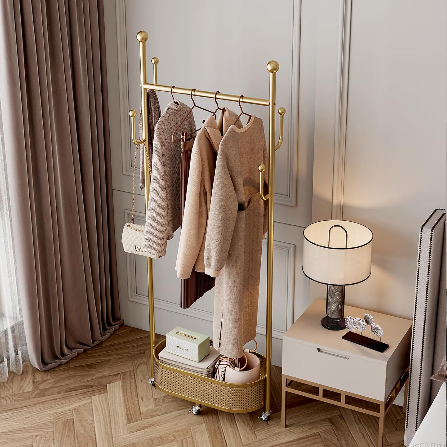 Multifunctional coat rack with storage basket 360° movable rotation｜Bedroom and living room storage artifact｜Hanging clothes/hats/bags/scarves｜Space-saving and stylish home｜Home essential